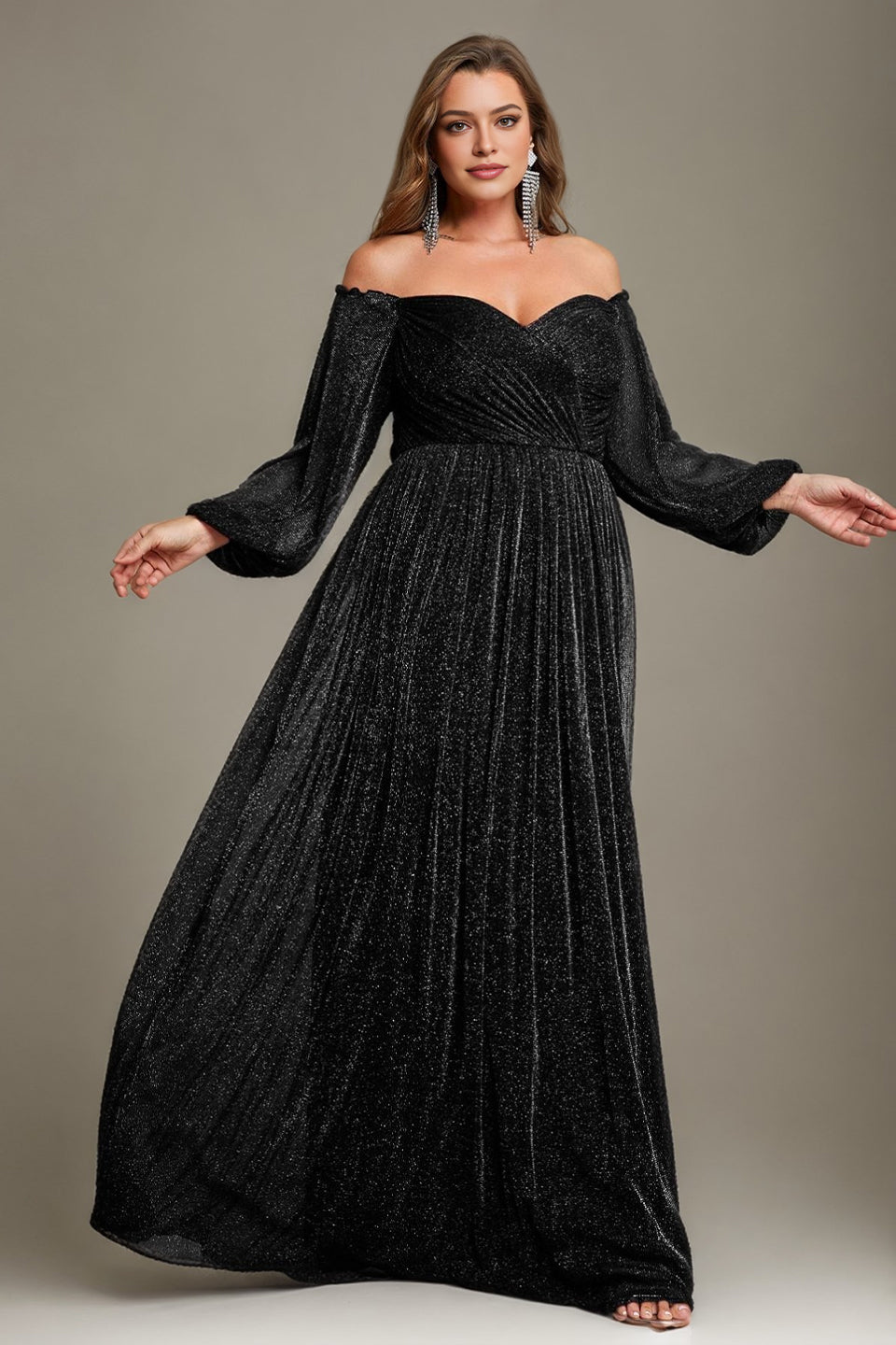 Curveins Plus Size Elegant Off-Shoulder Long Sleeve Minimal Maxi Dress