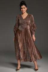 Curveins Plus Size V-Neck Long Sleeve Waist Tie Pleated Maxi Dress
