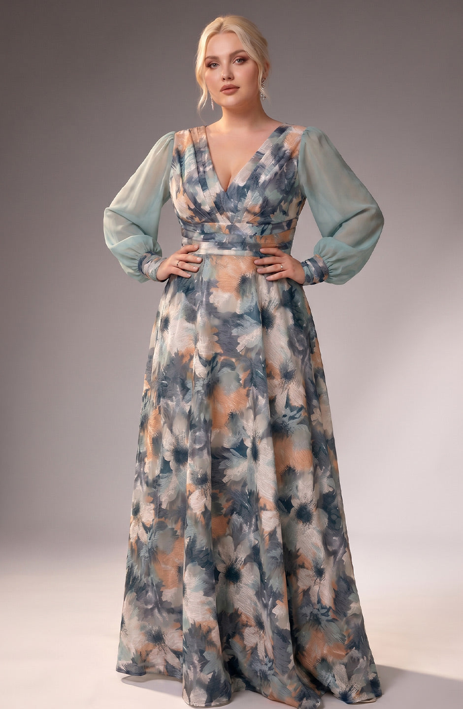 Curveins Plus Size Floral V Neck Long Sleeve Waist Ruched Flowing Maxi Dress