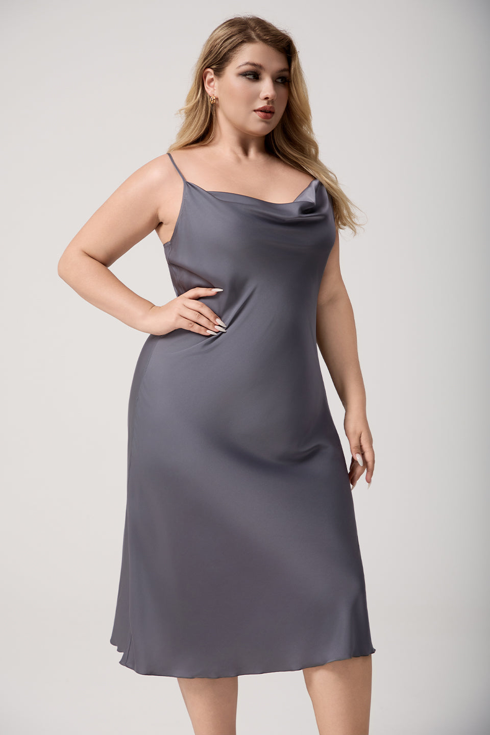Curveins Plus Size Satin Cowl Neck Spaghetti Strap Loose Fit Sleep Dress
