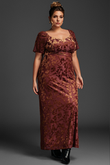 Curveins Plus Size Velvet Ruffle Sleeve Maxi Dress