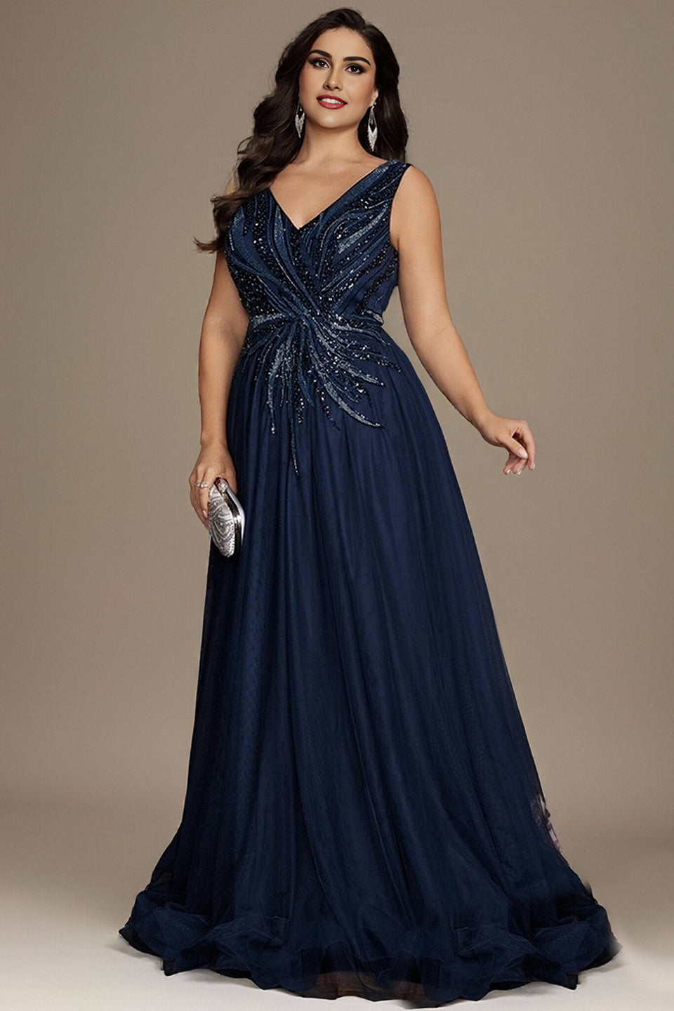 Curveins Elegant Plus Size V-Neck Sleeveless Glitter Pleated Evening Gown