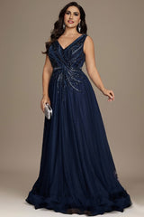 Curveins Elegant Plus Size V-Neck Sleeveless Glitter Pleated Evening Gown