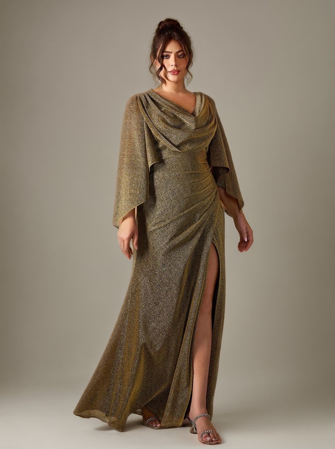 Curveins Plus Size Long Sleeve Side Slit Slim Fit Maxi Dress