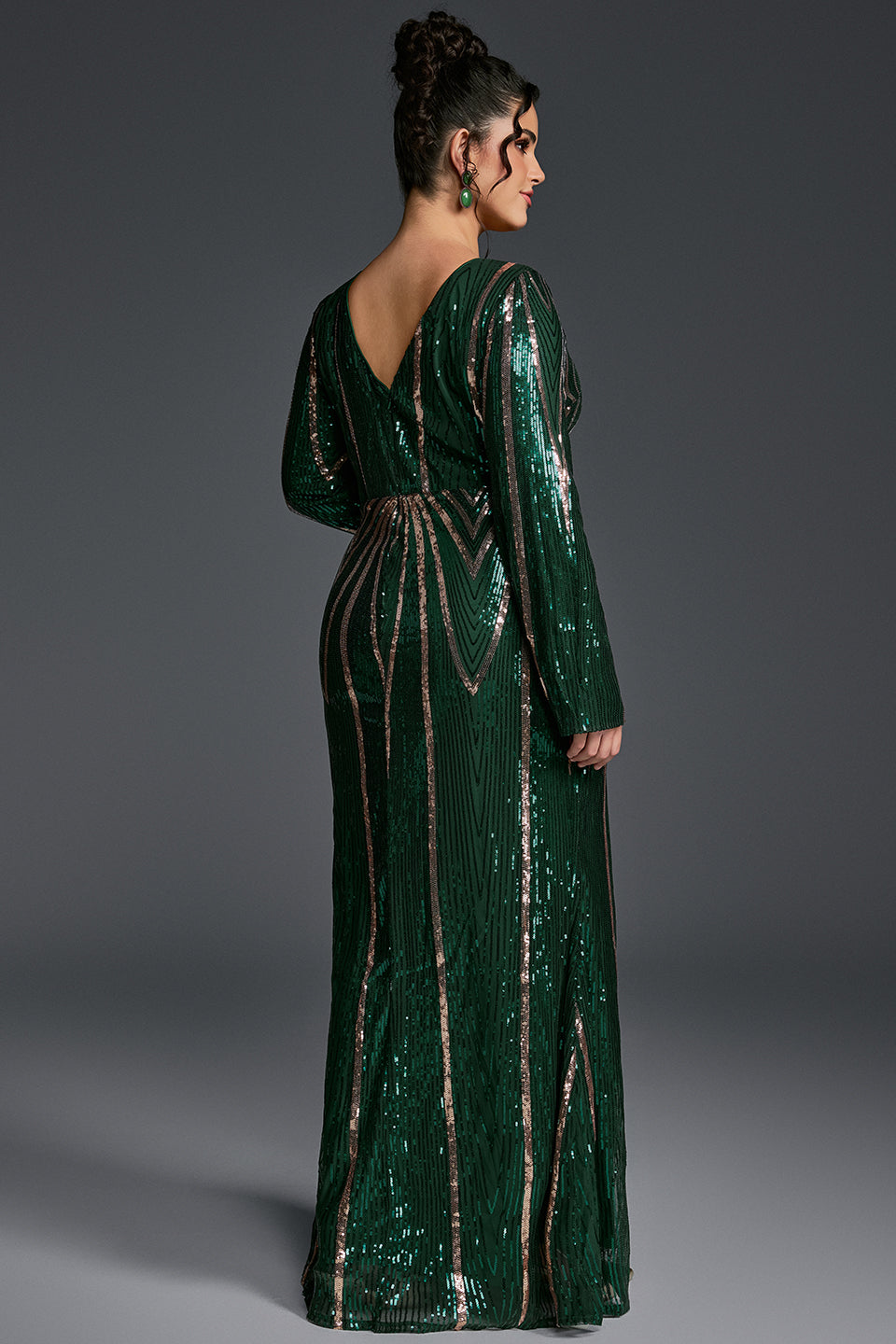 Curveins Plus Size V-Neck Long Sleeve Spider Web Sequin Bodycon Maxi Dress