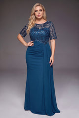 Curveins Plus Size Crew Neck Short Sleeve Sequin Panelled Side Ribbon Elegant Maxi Dress