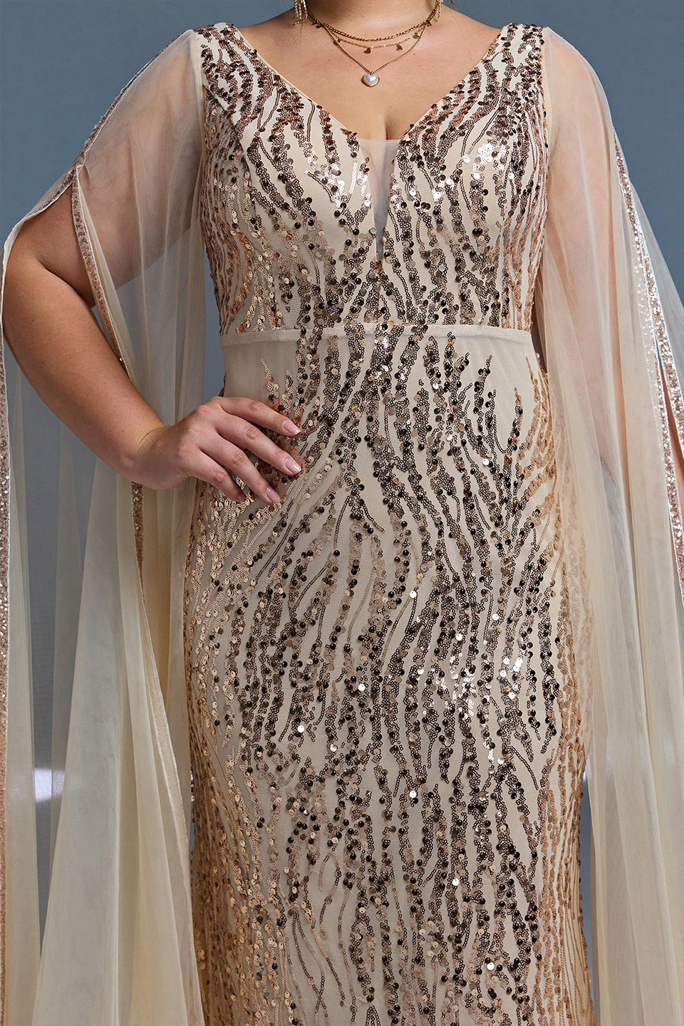 Curveins Plus Size V-Neck Sequin Maxi Dress with Cape Sleeves