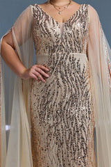 Curveins Plus Size V-Neck Sequin Maxi Dress with Cape Sleeves