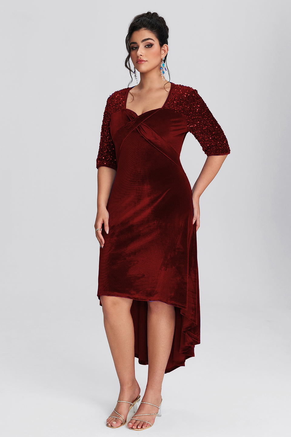 Curveins Plus Size Asymmetric Hem Velvet Maxi Dress With Sequin