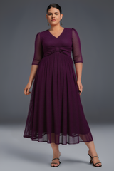 Curveins Plus Size V-Neck Long Sleeve Ruffle Hem Maxi Dress