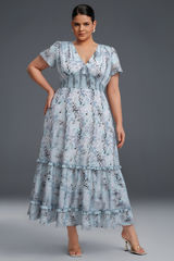 Curveins Plus Size V-Neck Floral Ruffle Sleeve Maxi Dress