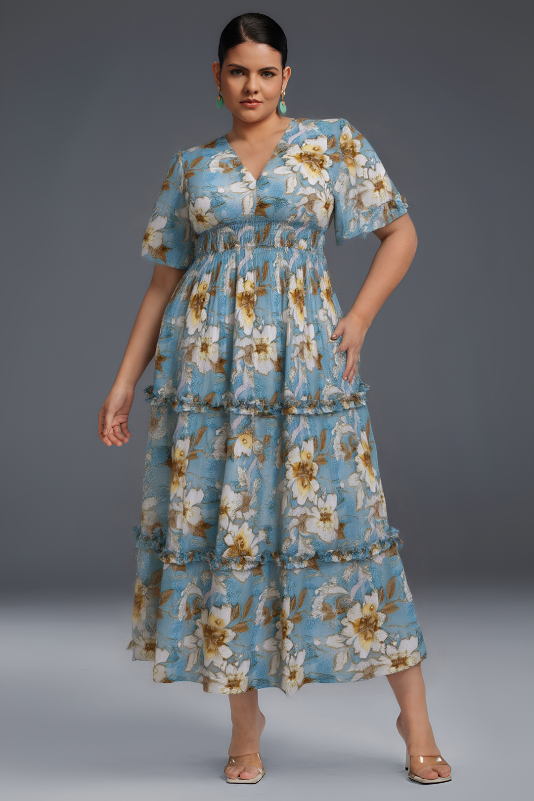 Curveins Plus Size V-Neck Batwing Sleeve Floral Ruffle Hem Maxi Dress