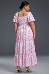 Curveins Plus Size Lantern Sleeves Square Neckline Floral Maxi Dress