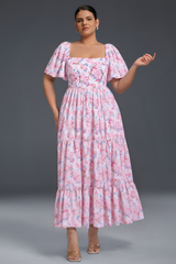 Curveins Plus Size Lantern Sleeves Square Neckline Floral Maxi Dress