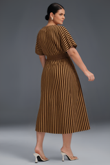 Curveins Plus Size Striped V-Neck Belted Waist Velvet Maxi Dress