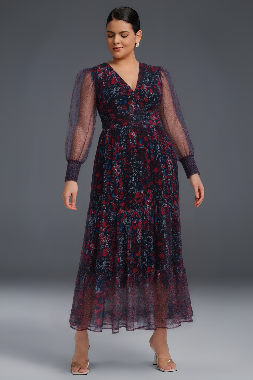 Curveins Plus Size V-Neck Floral Asymmetrical Hem Maxi Dress