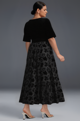 Curveins Plus Size V-Neck Long Sleeves Fitted Waist Floral Patchwork Maxi Dress
