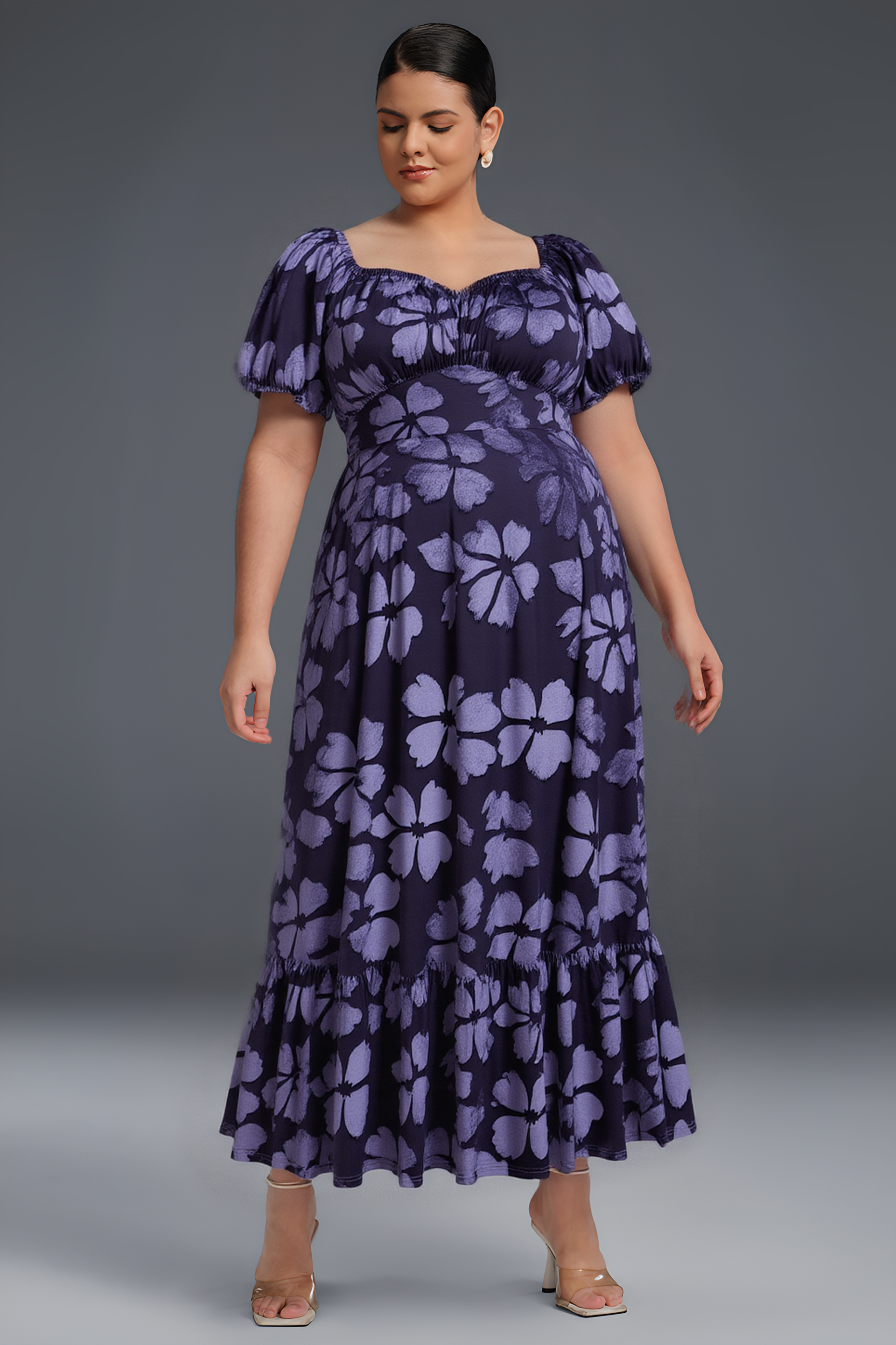 Curveins Plus Size V-Neck Short Sleeves Floral Print Maxi Dress