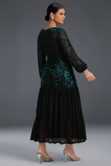 Curveins Plus Size V-Neck Flowy Bell Sleeves Pleated Velvet Maxi Dress