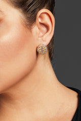 Close-up of gold-plated sparkling zirconia stud earrings with a cluster design, perfect for adding a touch of elegance to weddings, parties, and casual outfits.