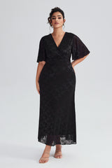 Front view of plus-size black lace maxi dress with flutter sleeves, perfect for evening wear and formal events