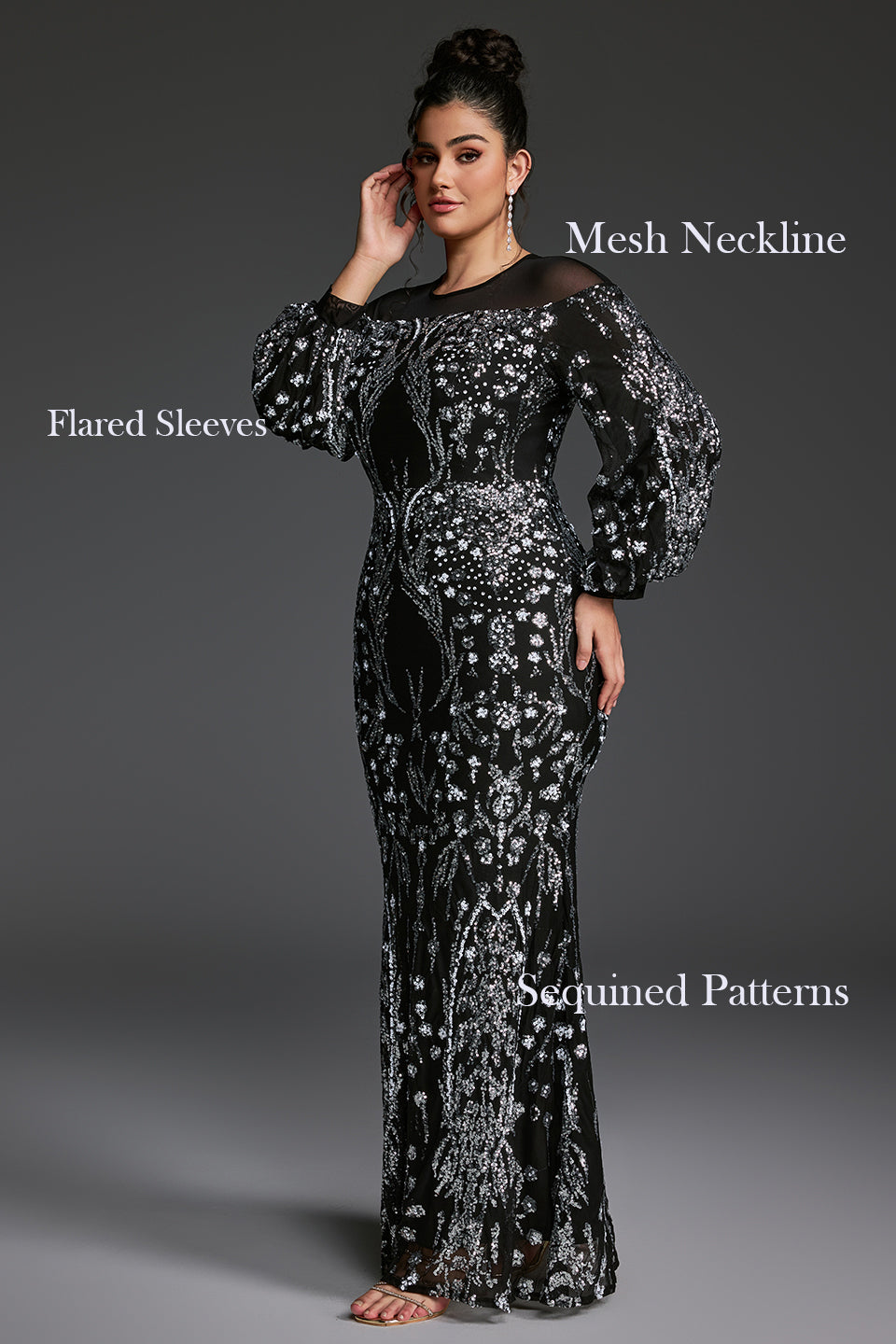 Curveins Plus Size Sheer Round Neck Puff Sleeve Patterned Sequin Bodycon Maxi Dress