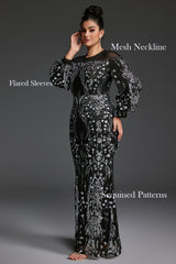 Curveins Plus Size Sheer Round Neck Puff Sleeve Patterned Sequin Bodycon Maxi Dress
