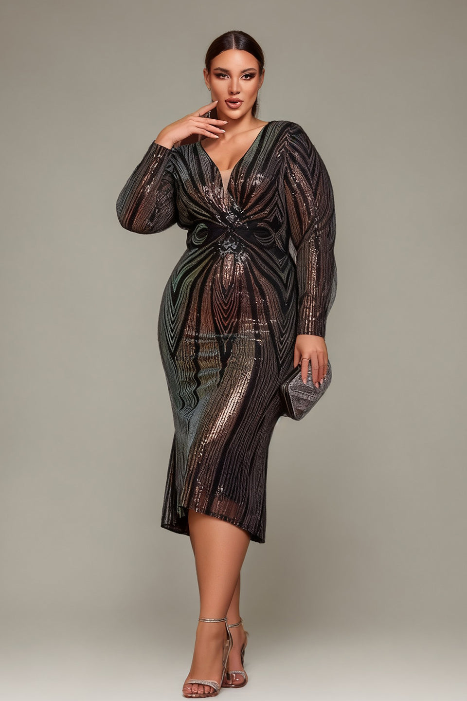 Curveins Plus Size V-Neck Long Sleeve Sequin Spider Stripe Waist Midi Dress