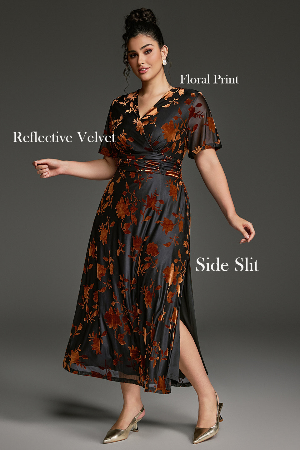 Curveins Plus Size Velvet Surplice Vintage Plain Maxi Dress