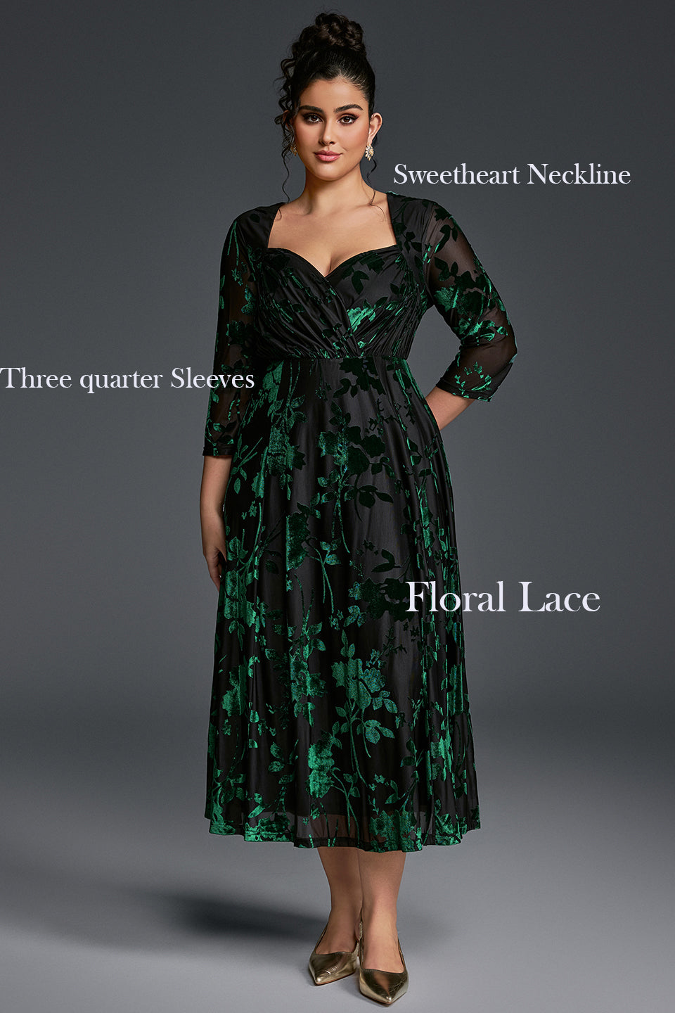 Curveins Plus Size V-Neck Three Quarter Sleeve Patterned Velvet Maxi Dress