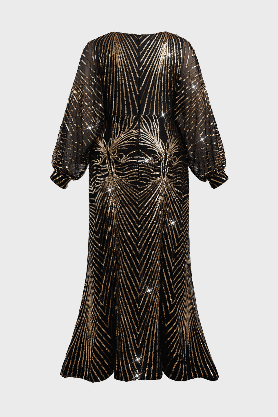 Curveins Plus Size Elegant V-Neck Sequin Lantern Sleeve Long Dress