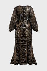 Curveins Plus Size Elegant V-Neck Sequin Lantern Sleeve Long Dress