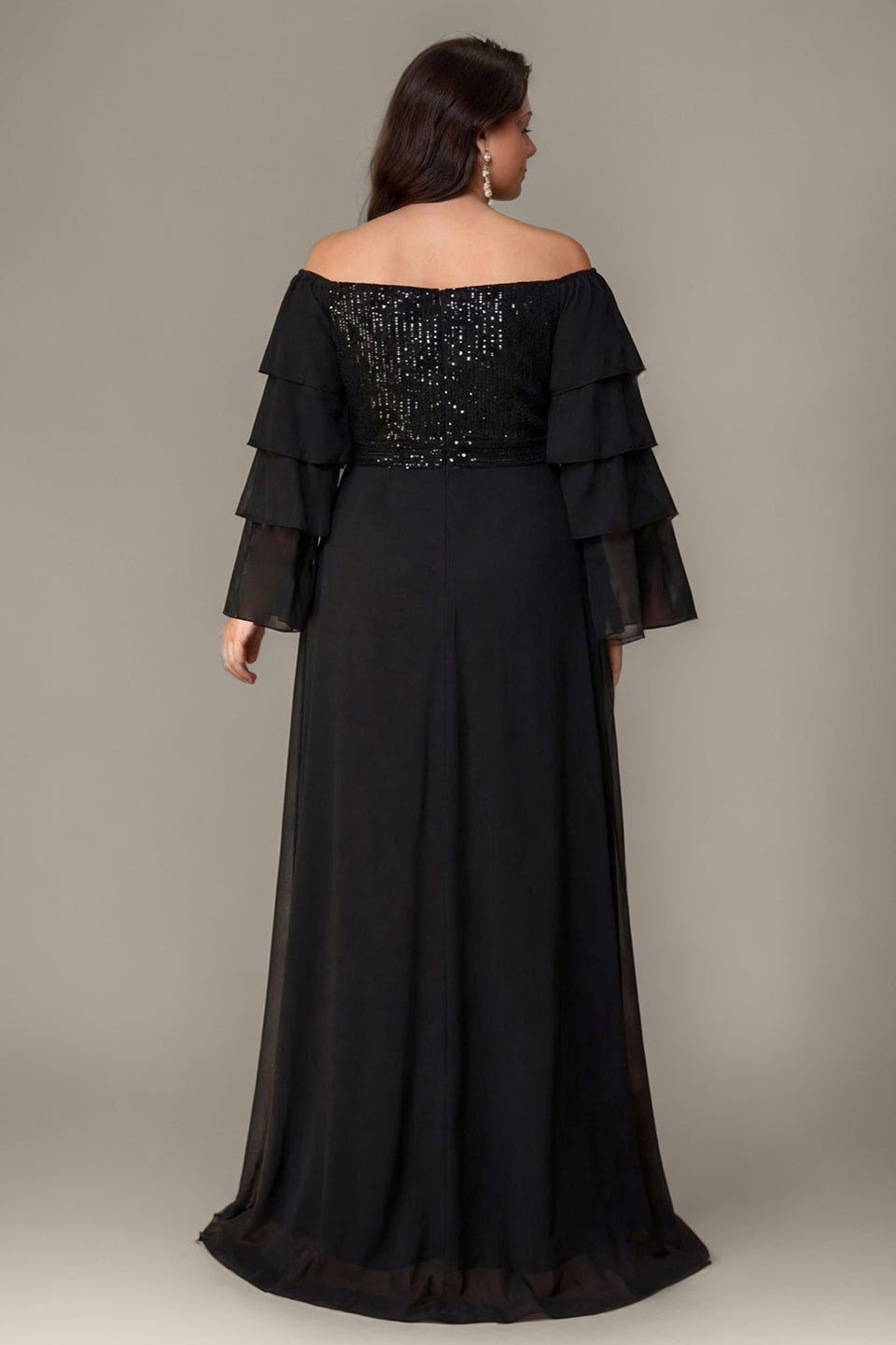Curveins Plus Size Off Shoulder V Neck Long Sleeve Sequin Patchwork Maxi Dress