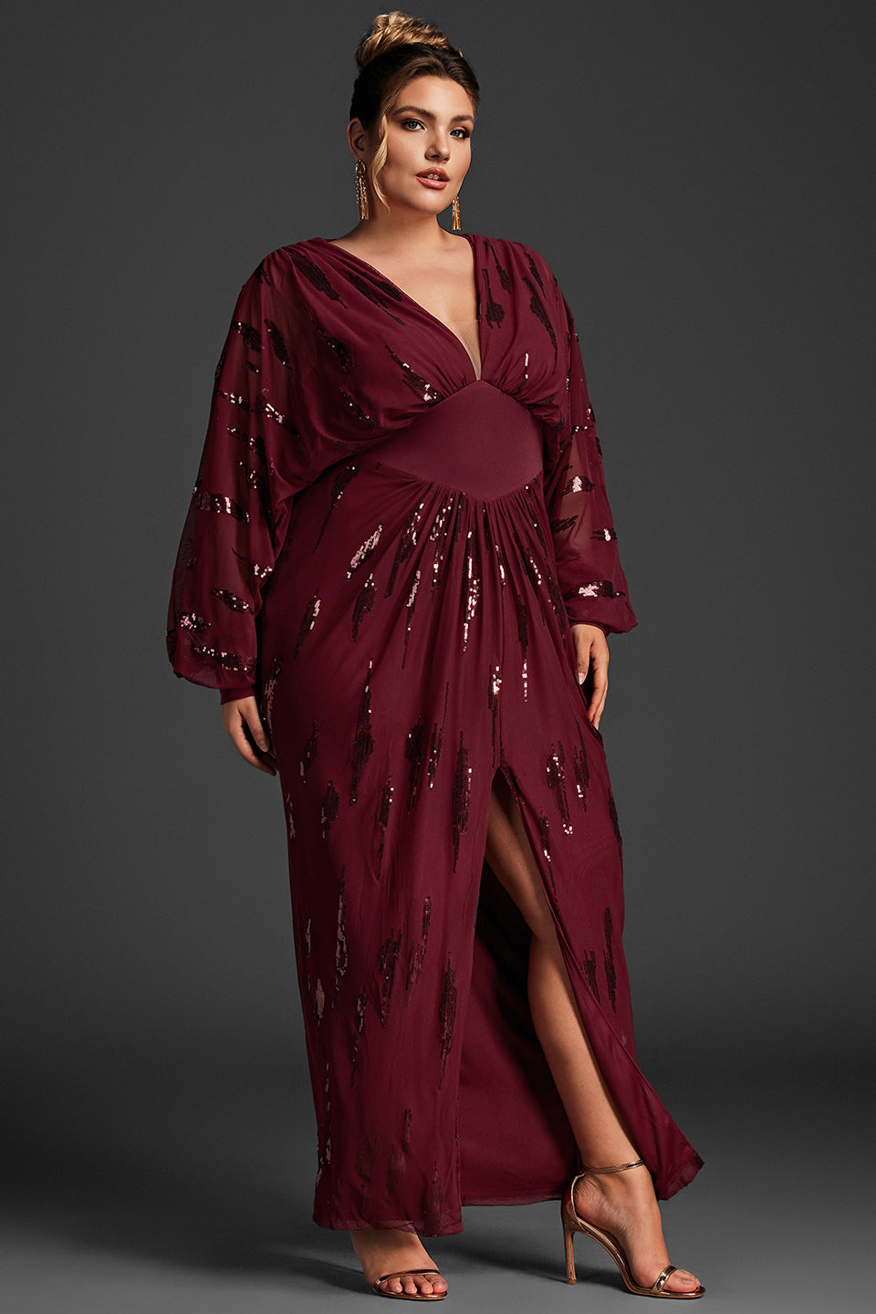 Curveins Plus Size V Neck Sequins Lantern Sleeve Slit Mesh Dress