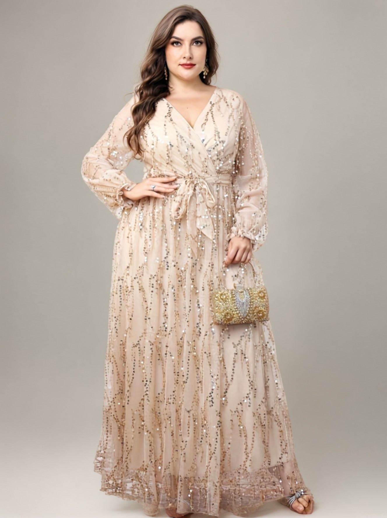 Curveins Plus Size V-Neck Sequin Tassel High-Waist Maxi Dress