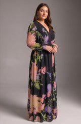 Curveins Plus Size V Neck Floral Long Sleeve Waist Tie Elegant Maxi Dress