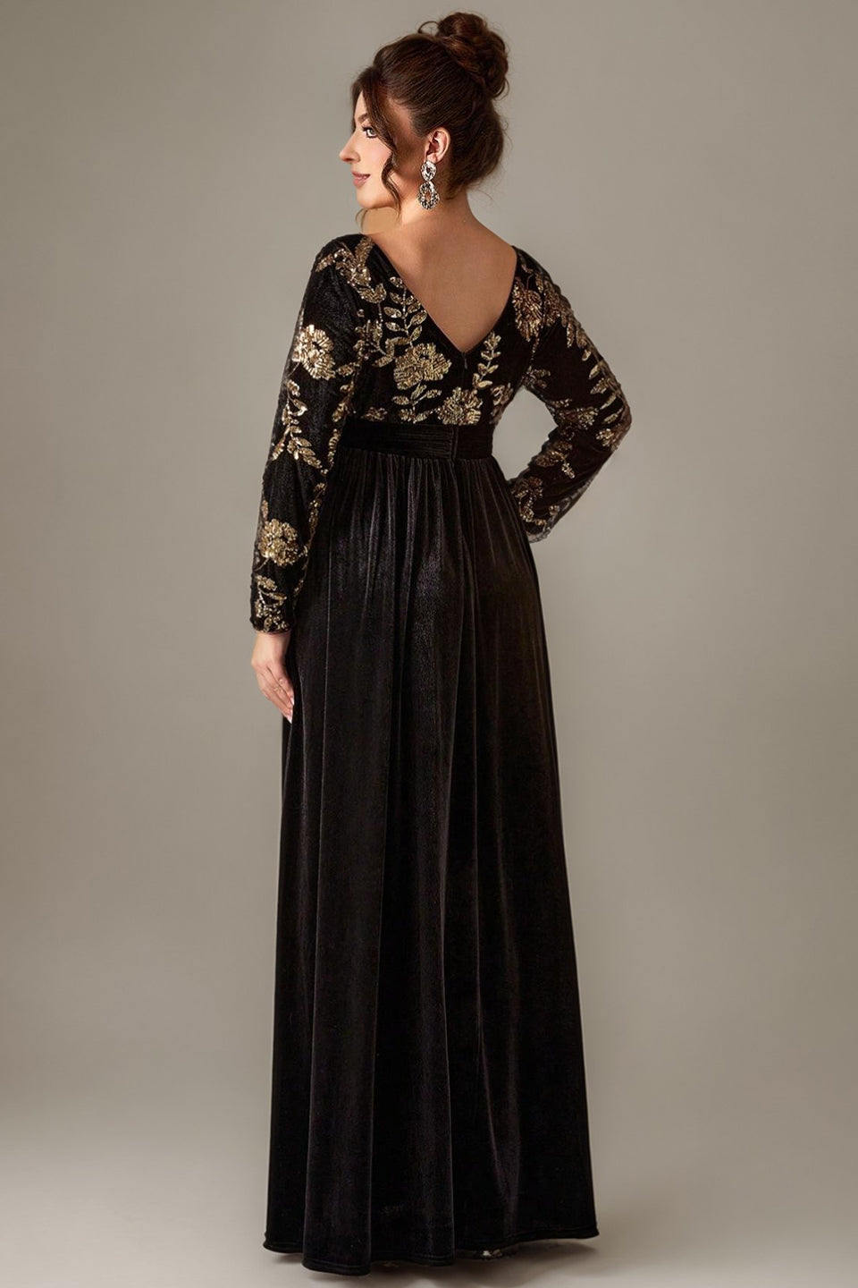 Curveins Plus Size V-Neck Long Sleeve Sequin Floral Embellished Velvet Evening Gown