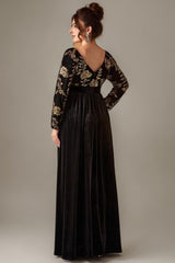 Curveins Plus Size V-Neck Long Sleeve Sequin Floral Embellished Velvet Evening Gown