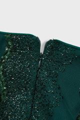 Curveins Plus Size V-Neck Sequin Balloon Sleeve Back-Slit Elegant Evening Maxi Dress