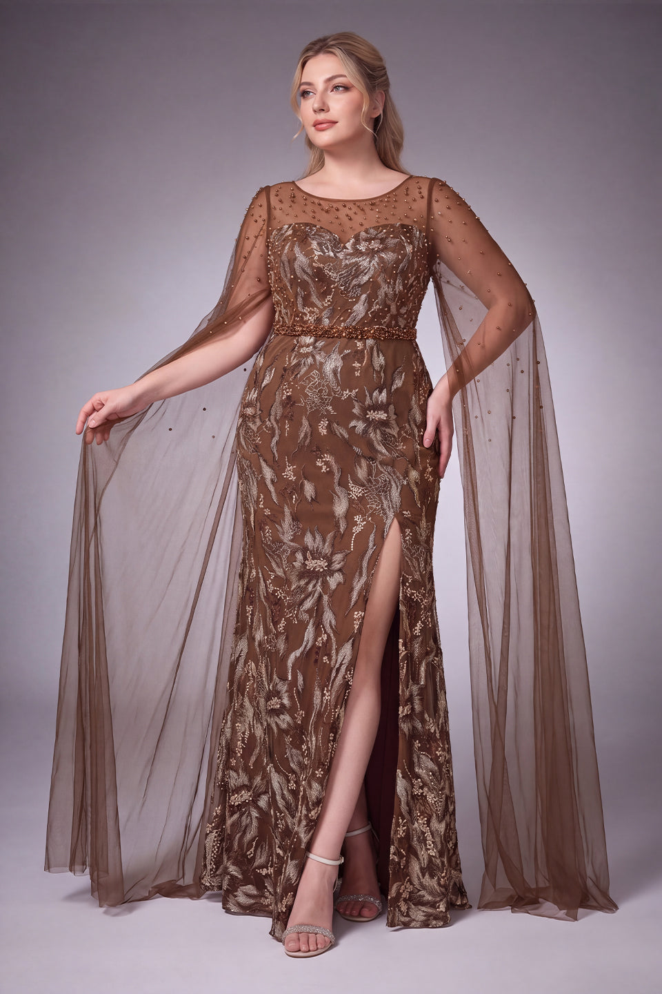 Curveins Plus Size Elegant Round Neck Sequin Floral Pattern Long Sleeve Split Maxi Dress