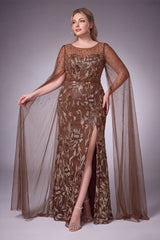 Curveins Plus Size Elegant Round Neck Sequin Floral Pattern Long Sleeve Split Maxi Dress