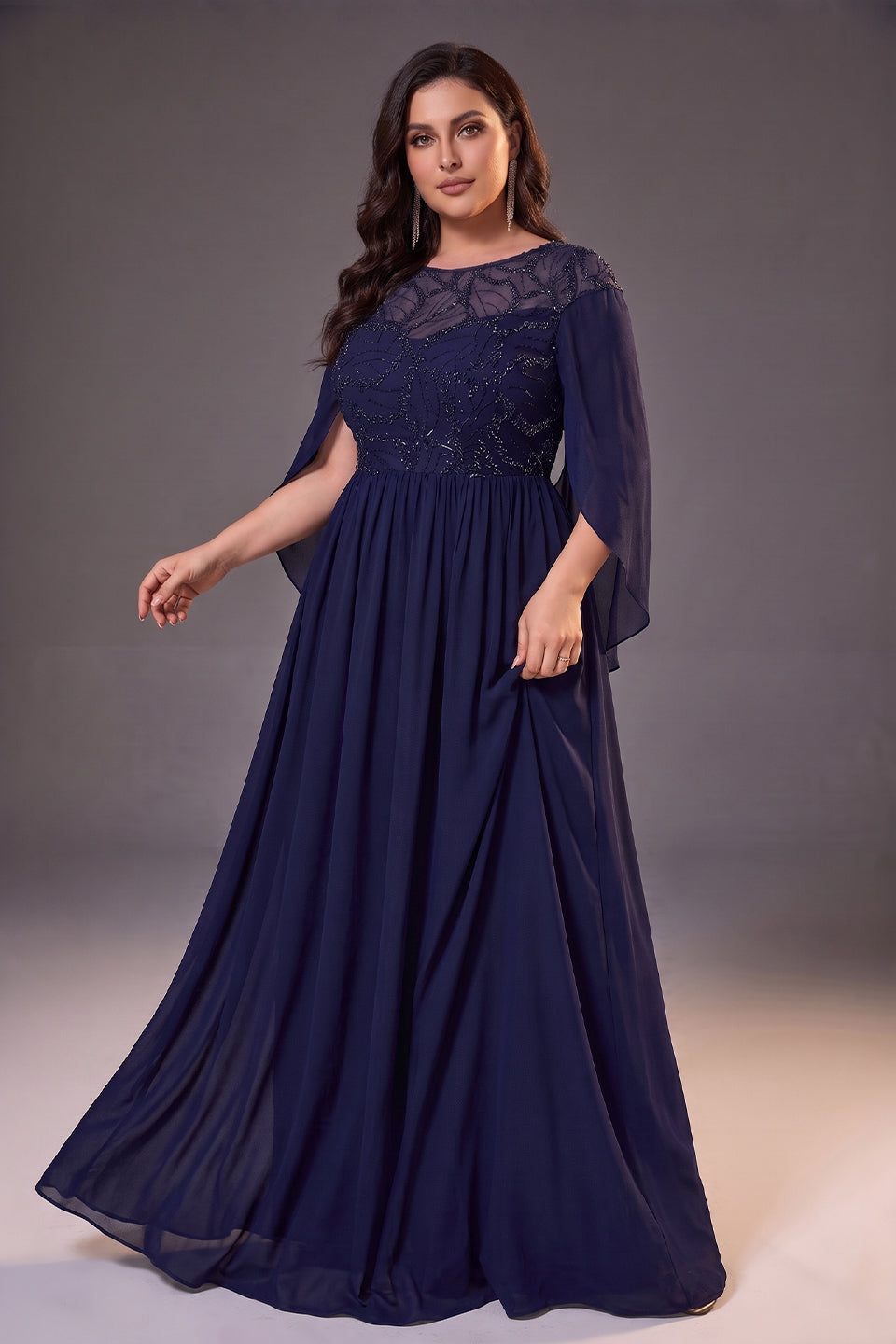 Curveins Plus Size Crew Neck Cape Sleeve Panelled Elegant Flowy Maxi Dress