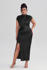 Curveins Plus Size Satin High-Waisted Ruched Slit Maxi Dress