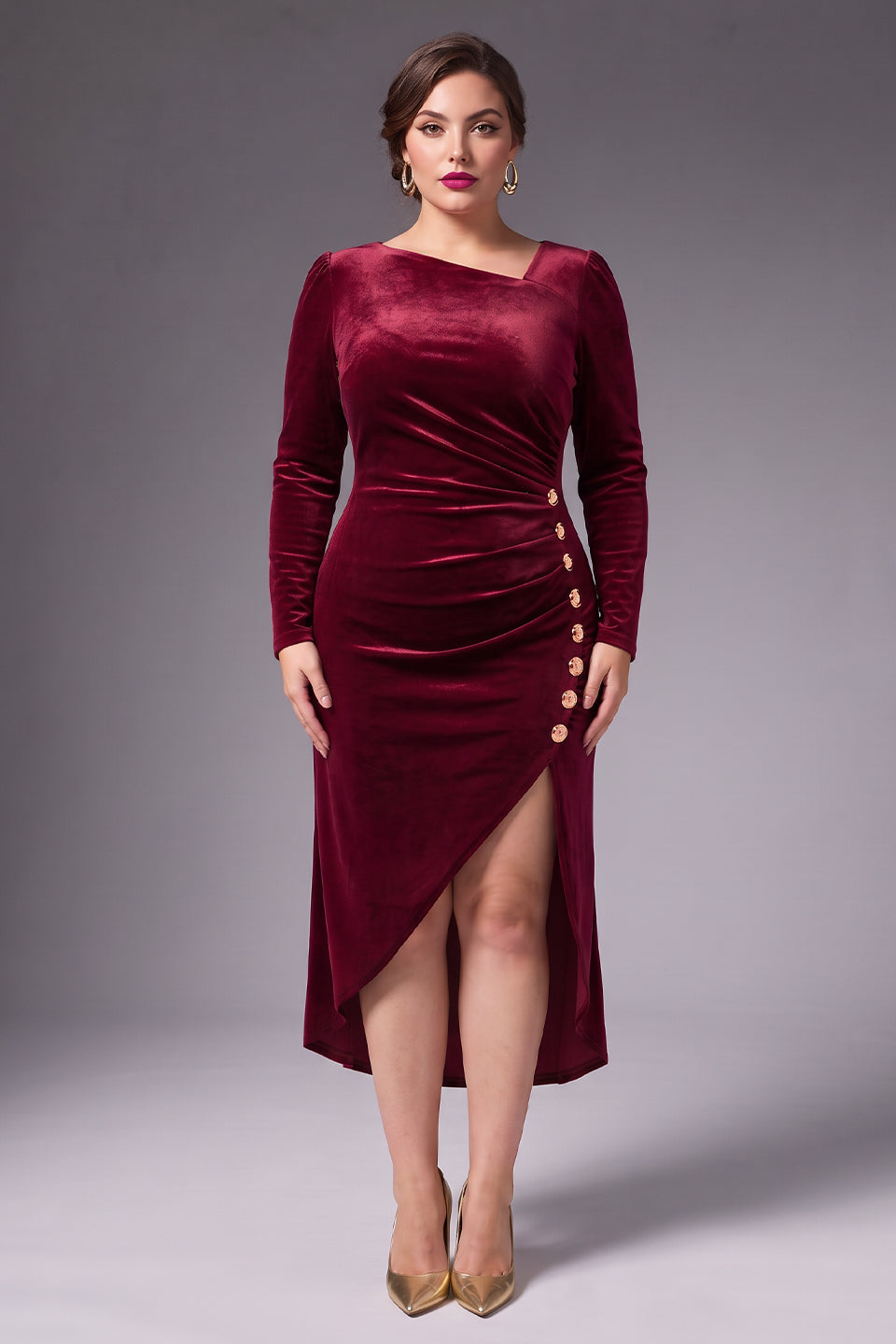 Curveins Plus Size Velvet Asymmetric One Shoulder Long Sleeve Ruched Slit Elegant Midi Dress