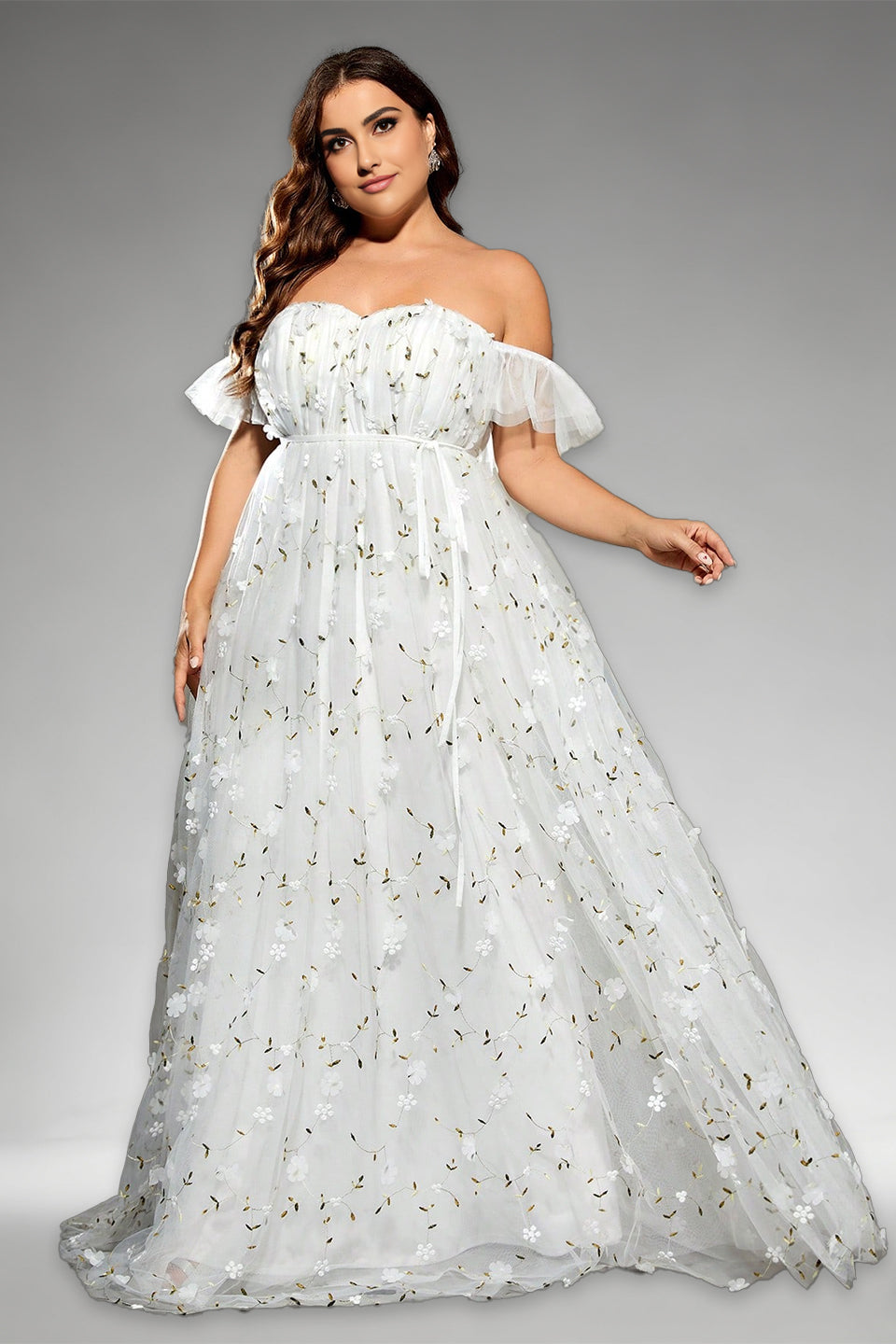 Curveins Plus Size Off-Shoulder Elegant Floral Detail Cinched-Waist Maxi Dress