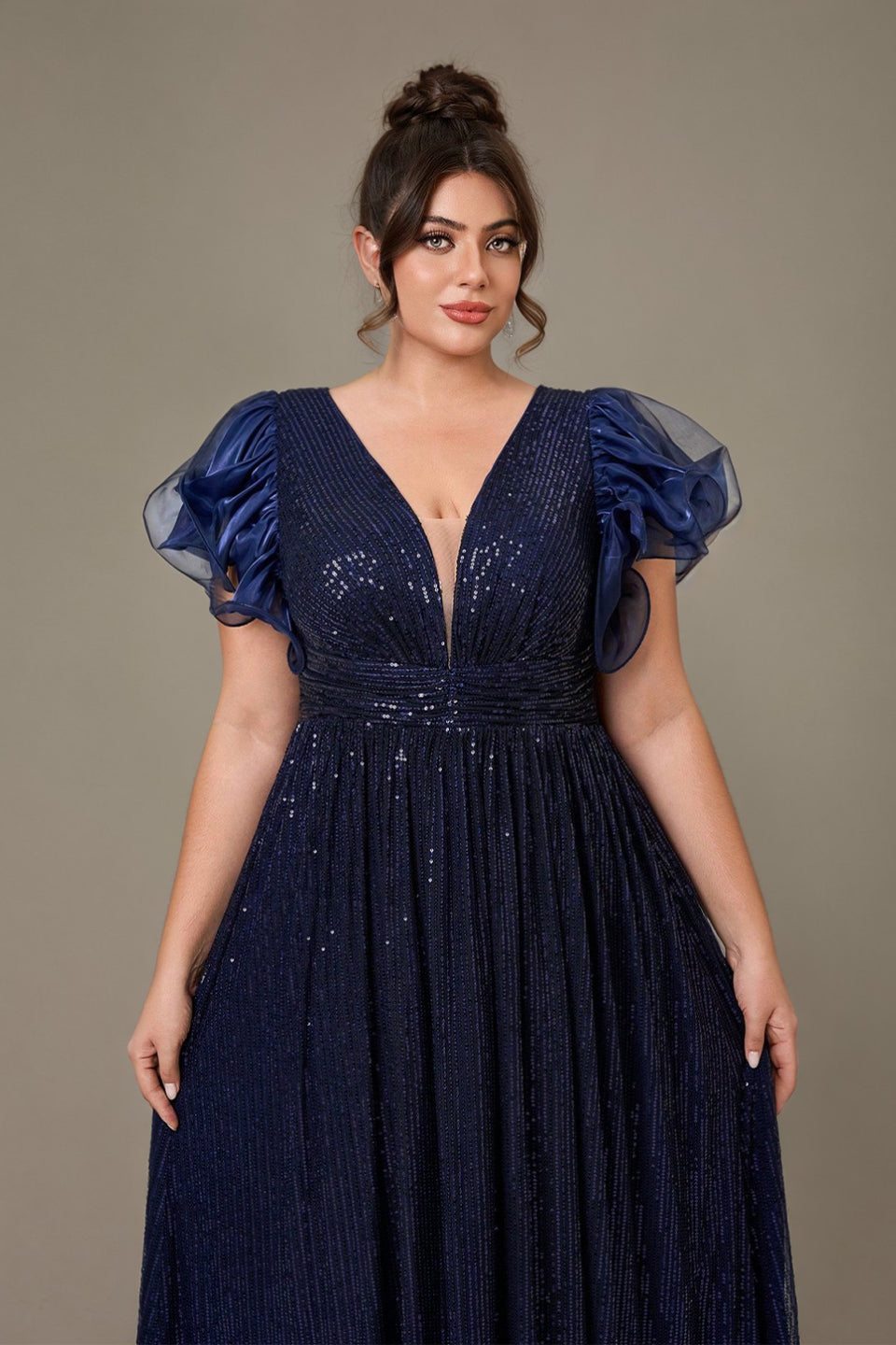 Curveins Plus Size Designer Lace Detail Sequin Short Sleeve Long Dress