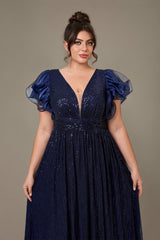 Curveins Plus Size Designer Lace Detail Sequin Short Sleeve Long Dress