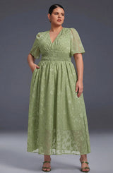 Curveins Plus Size V-Neck High-Waist Pleated Maxi Dress