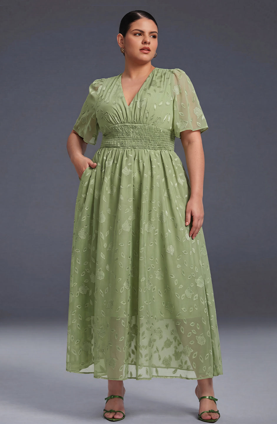 Curveins Plus Size V-Neck High-Waist Pleated Maxi Dress