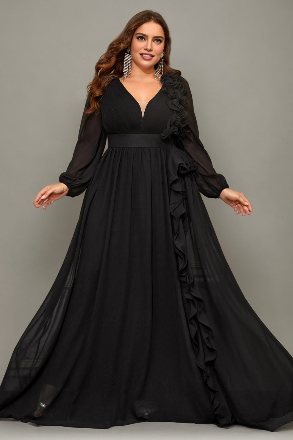 Curveins Plus Size V-Neck Chiffon Maxi Dress with Floral Lantern Sleeves